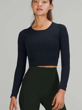 Lululemon Ebb To Street Long Sleeve Cropped Womens 8 True Navy Built In Bra Run